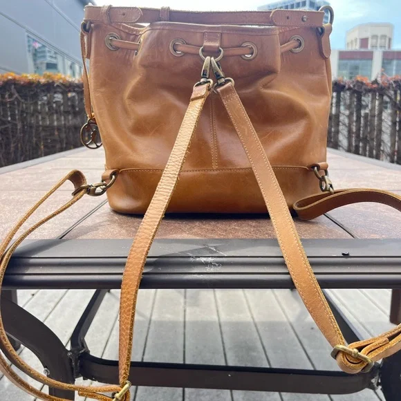 BASEBALLISM Tan GENUINE Leather Backpack with Drawstring and Clasp Closure - Picture 3 of 9